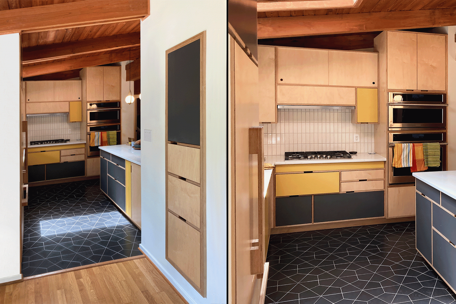 View of kitchen from living room showing island and bespoke plywood and laminate cabinets