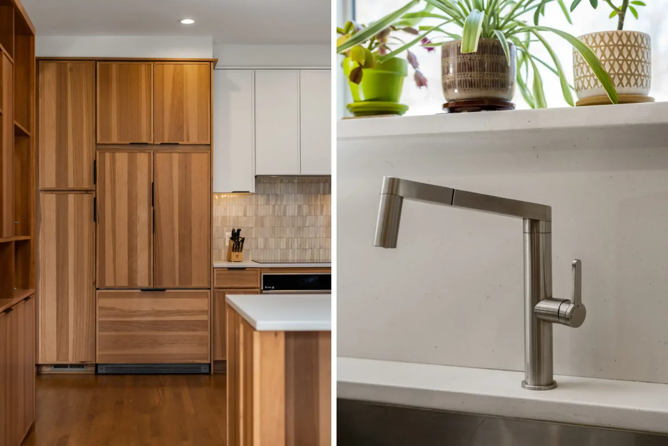 View of integrated refrigerator and funky play of wood grain directionality for a wall of full height, full depth cabinets