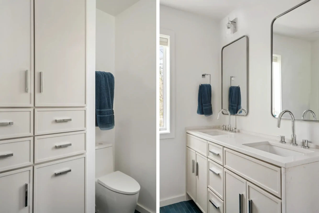 View of primary bath at vanity and built in "Thin Shaker" style cabinets. <yoastmark class=