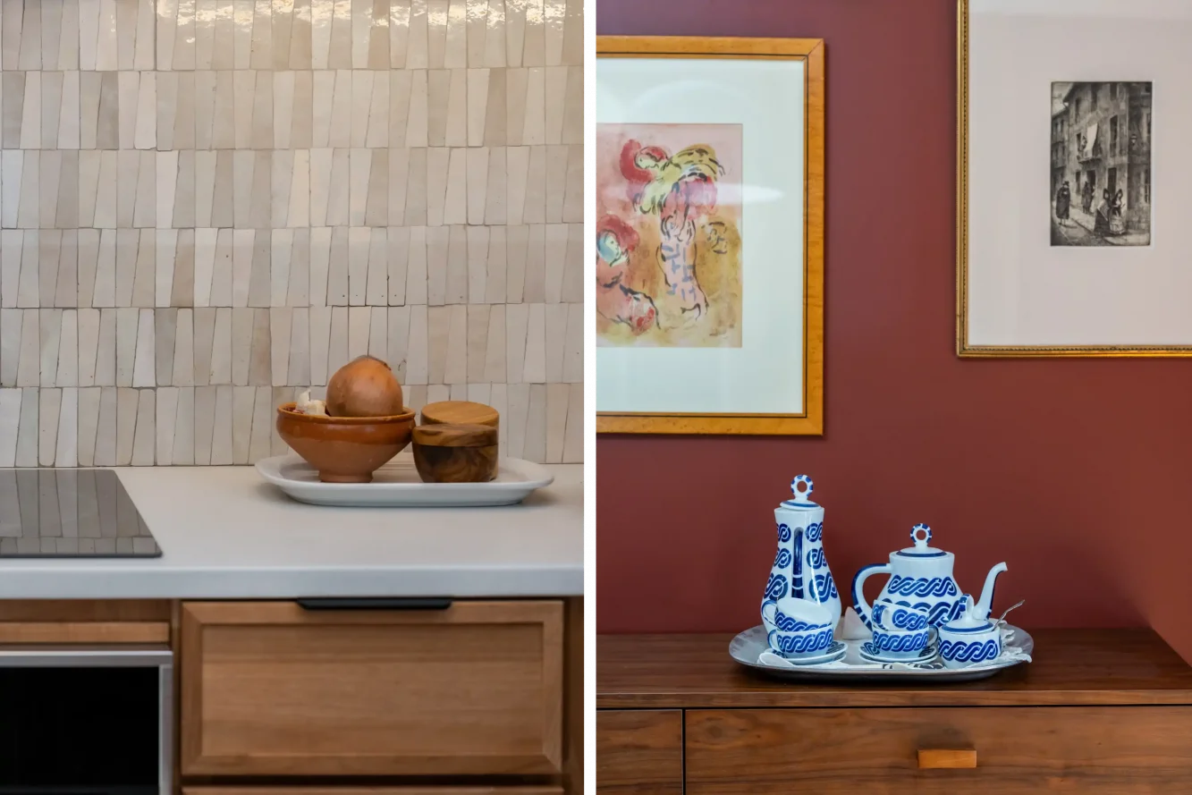 Close up view of backplash tile and mid-century modern dining room side board