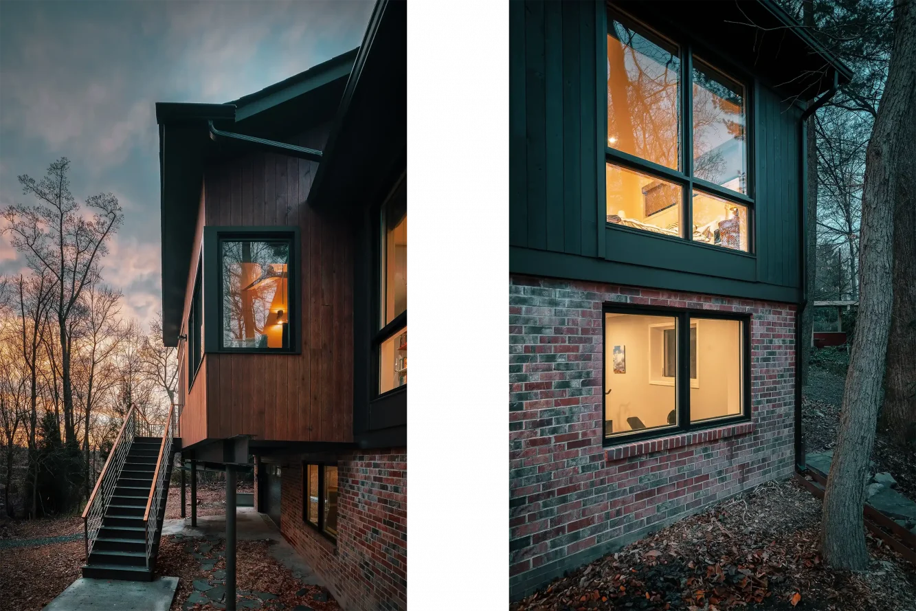 Side view of the new 'treehouse" library addition shown in chestnut stained cypress cladding with corner window and ebony stained cladding at bedroom wing