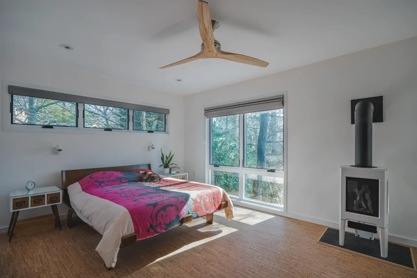 View of primary suite with quiet and warm cork floor showing restful connection to nature at the most peaceful corner of the house